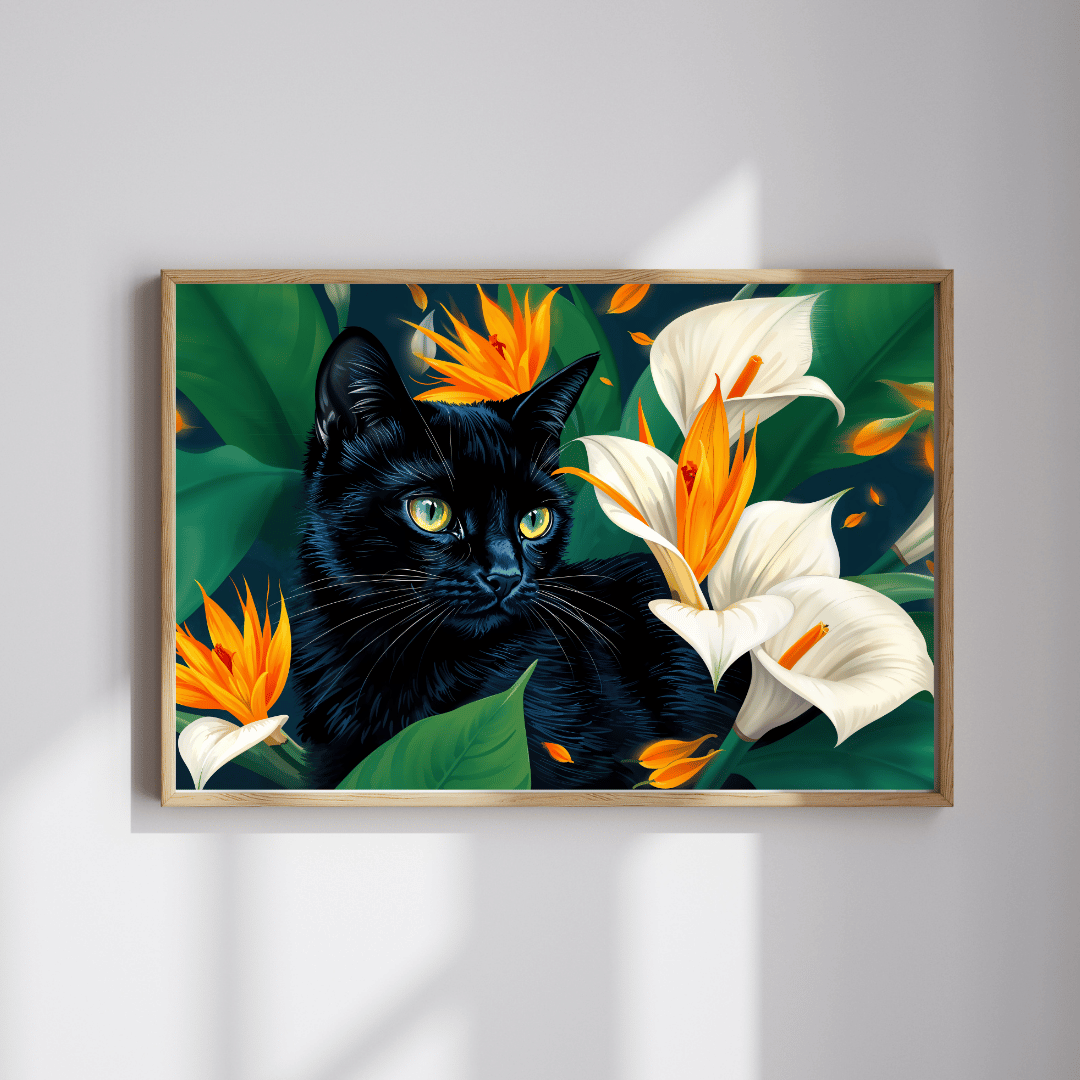 Midnight Serenity – A Majestic Black Cat Among Vibrant Flowers