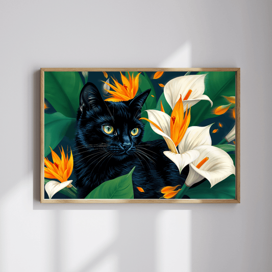 Midnight Serenity – A Majestic Black Cat Among Vibrant Flowers
