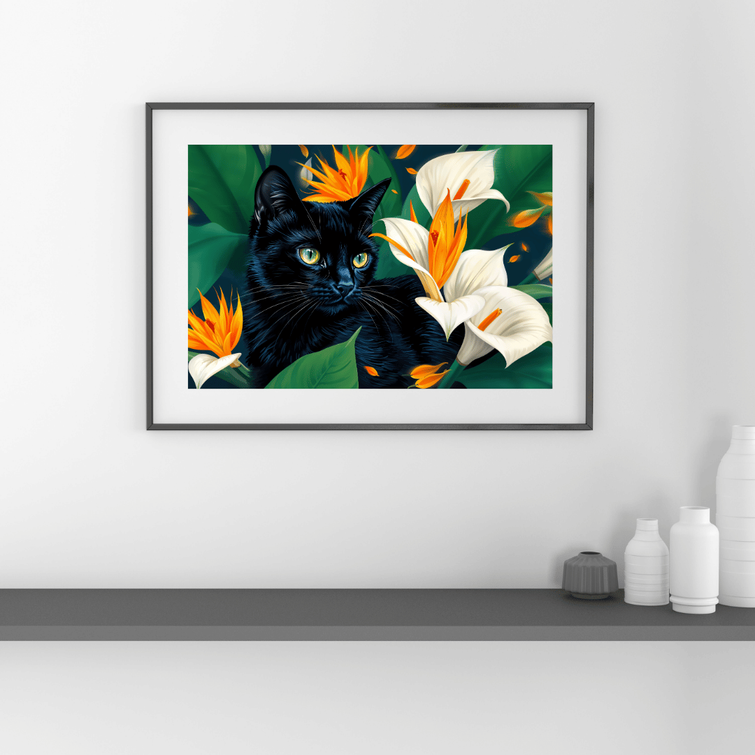 Midnight Serenity – A Majestic Black Cat Among Vibrant Flowers