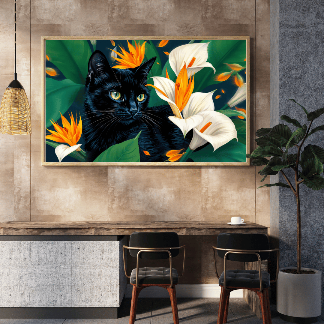 Midnight Serenity – A Majestic Black Cat Among Vibrant Flowers