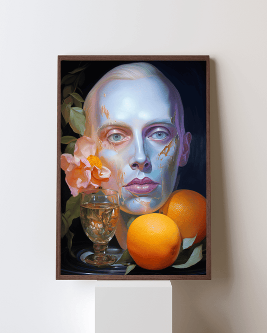 "Ethereal Bloom: Digital Portrait with Citrus Still Life"