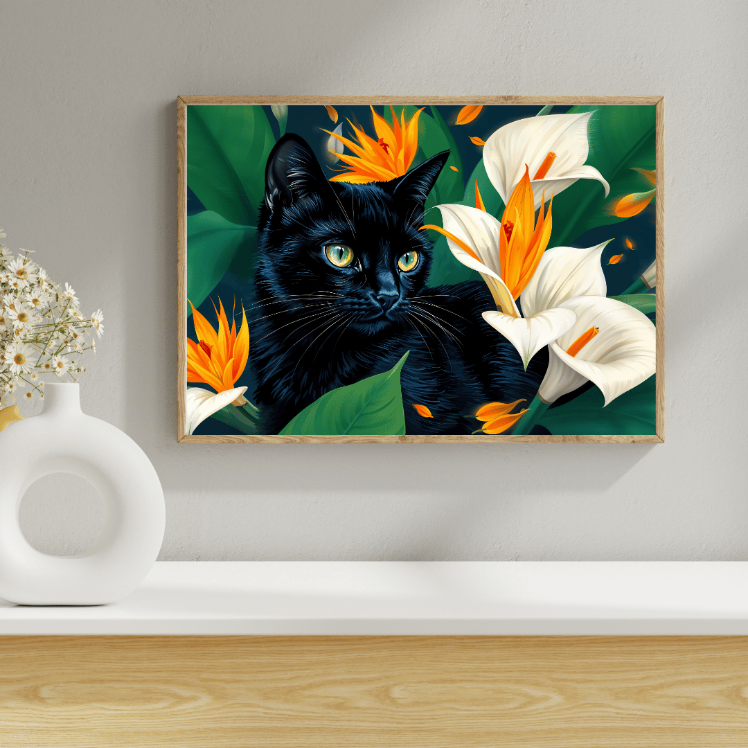 Midnight Serenity – A Majestic Black Cat Among Vibrant Flowers