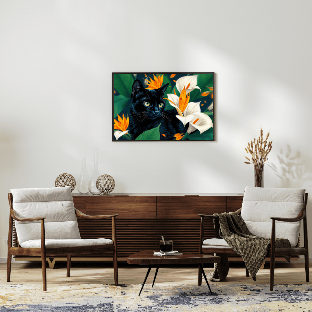 Midnight Serenity – A Majestic Black Cat Among Vibrant Flowers