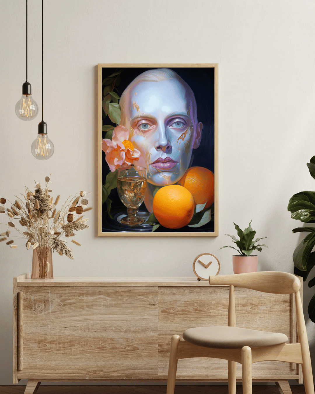 "Ethereal Bloom: Digital Portrait with Citrus Still Life"