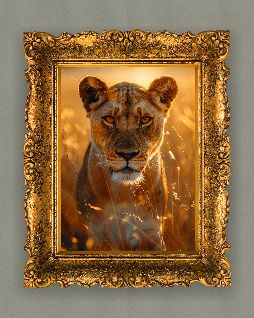 "Queen’s Gaze: Lioness in the Golden Glow"
