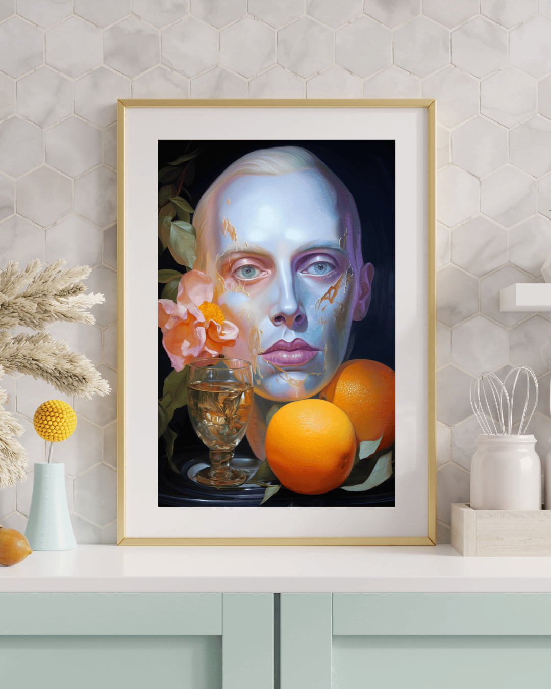 "Ethereal Bloom: Digital Portrait with Citrus Still Life"