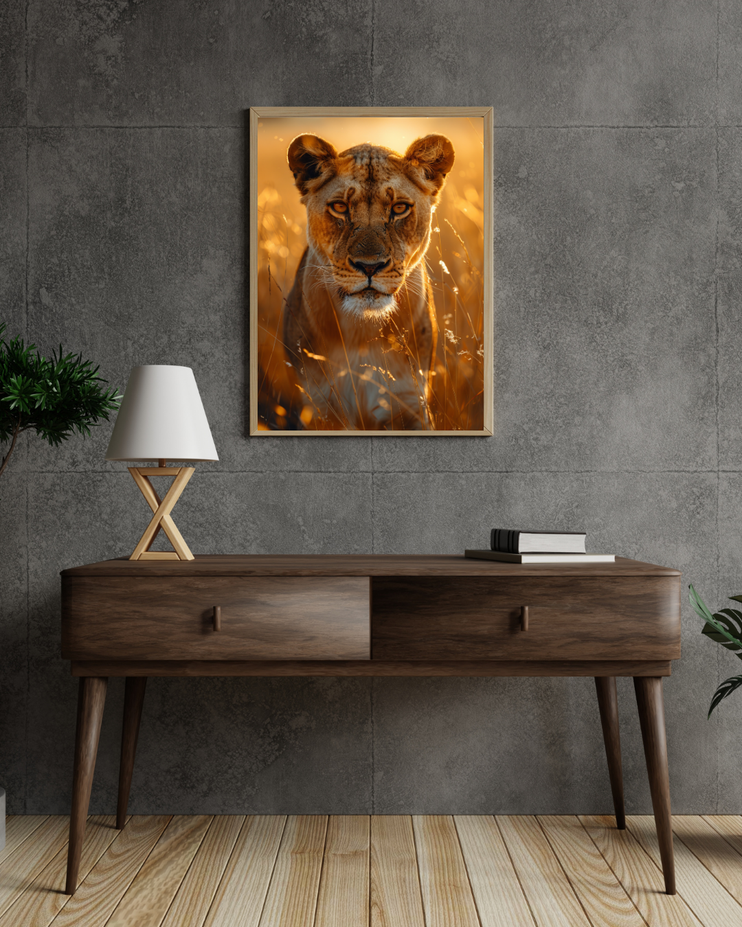 "Queen’s Gaze: Lioness in the Golden Glow"