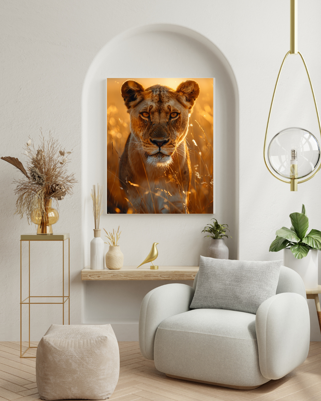 "Queen’s Gaze: Lioness in the Golden Glow"