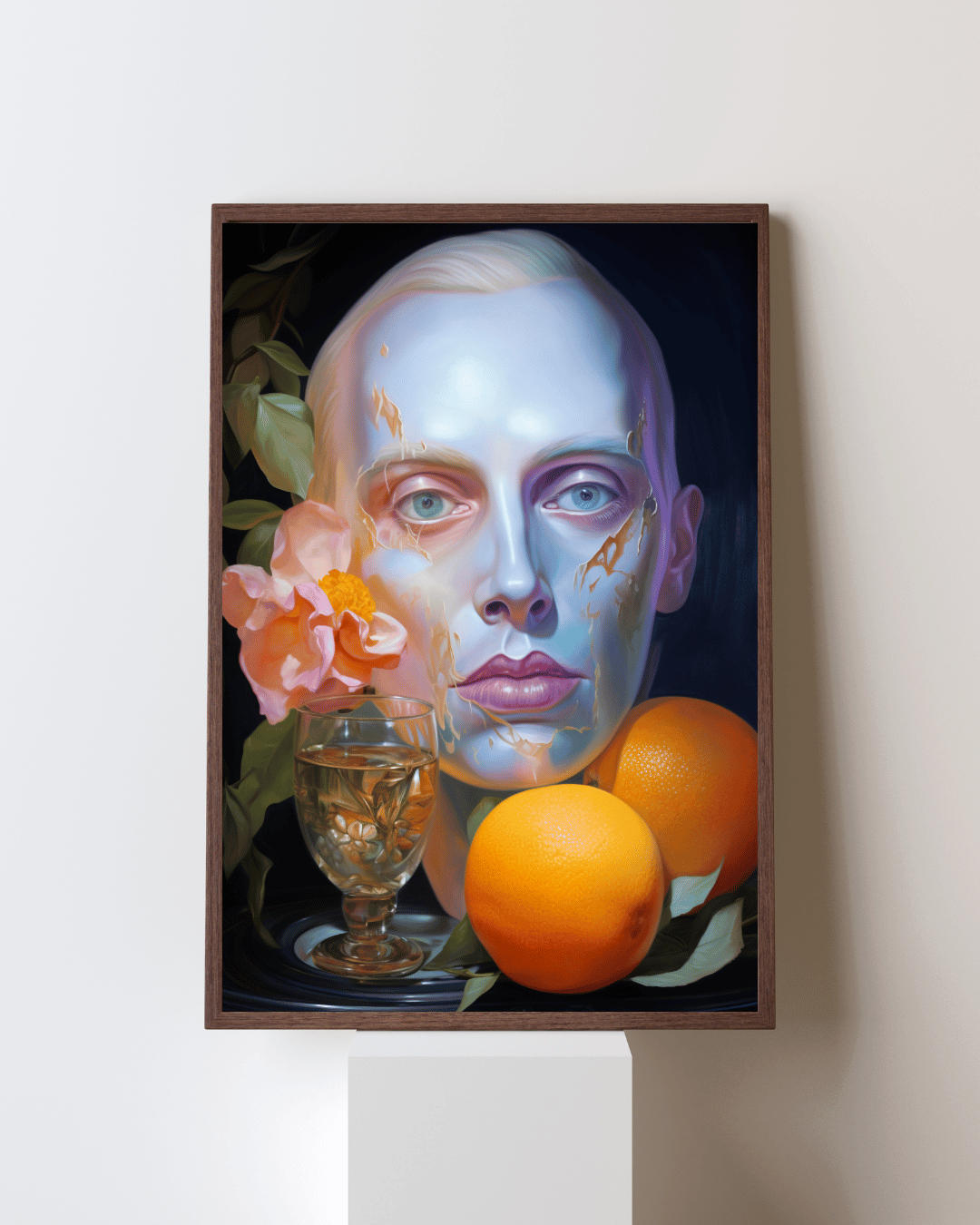 "Ethereal Bloom: Digital Portrait with Citrus Still Life"