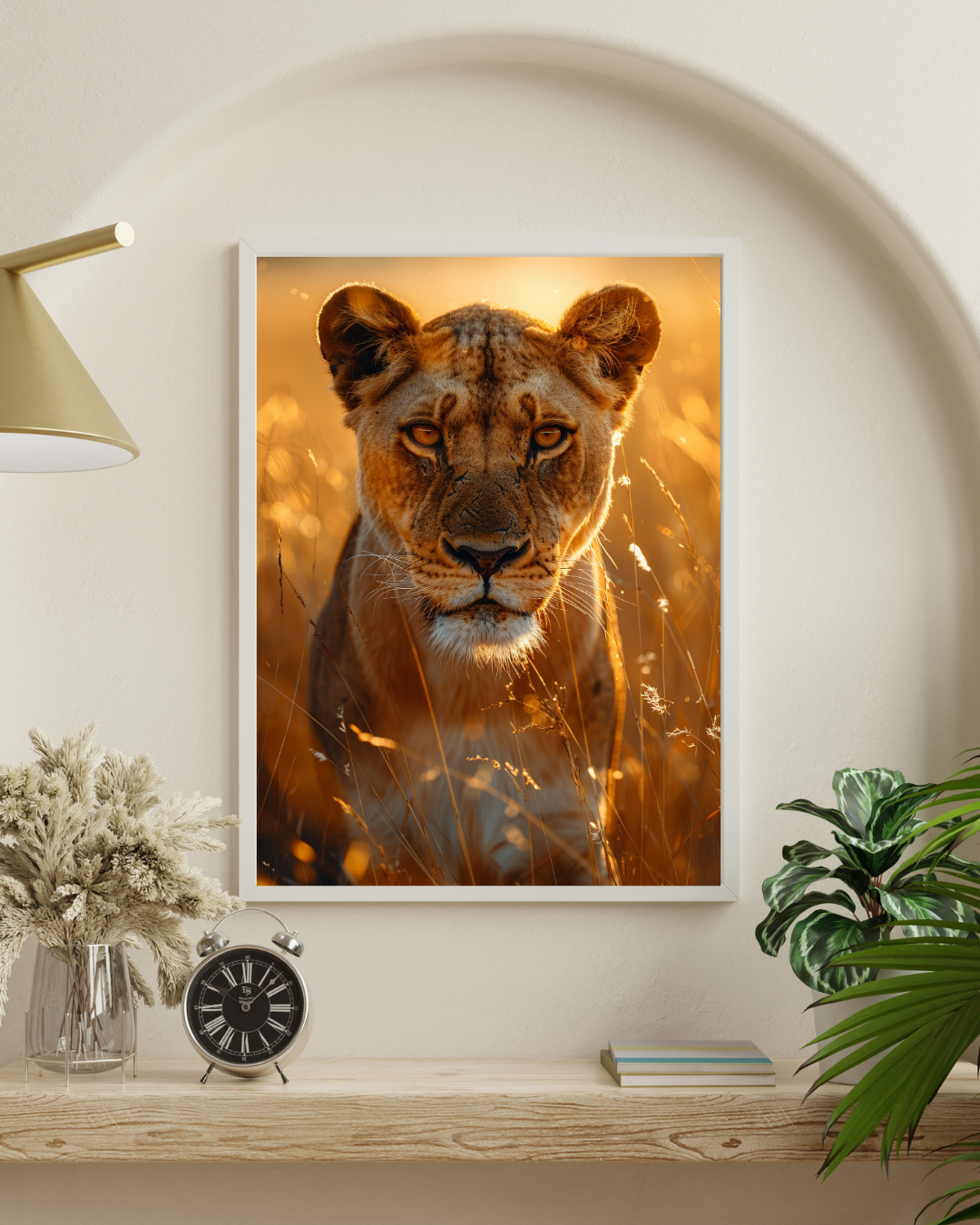 "Queen’s Gaze: Lioness in the Golden Glow"