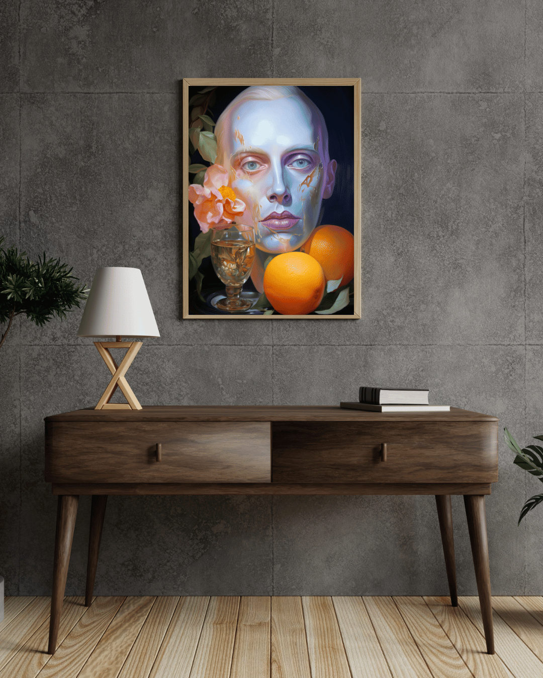 "Ethereal Bloom: Digital Portrait with Citrus Still Life"