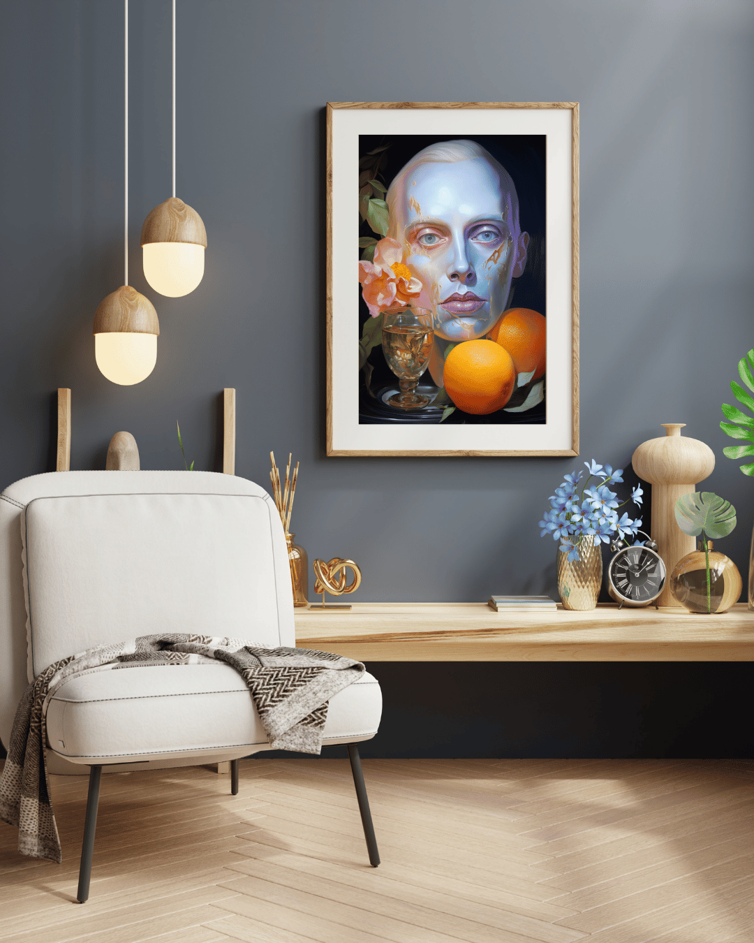 "Ethereal Bloom: Digital Portrait with Citrus Still Life"